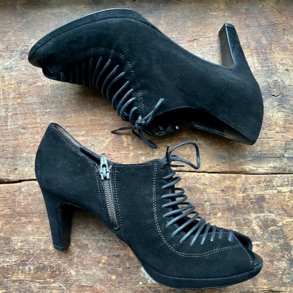 Vintage Paul Green Muchen Black Suede Peep Toe Bootie High Heels 8.5  6 1/2 UK